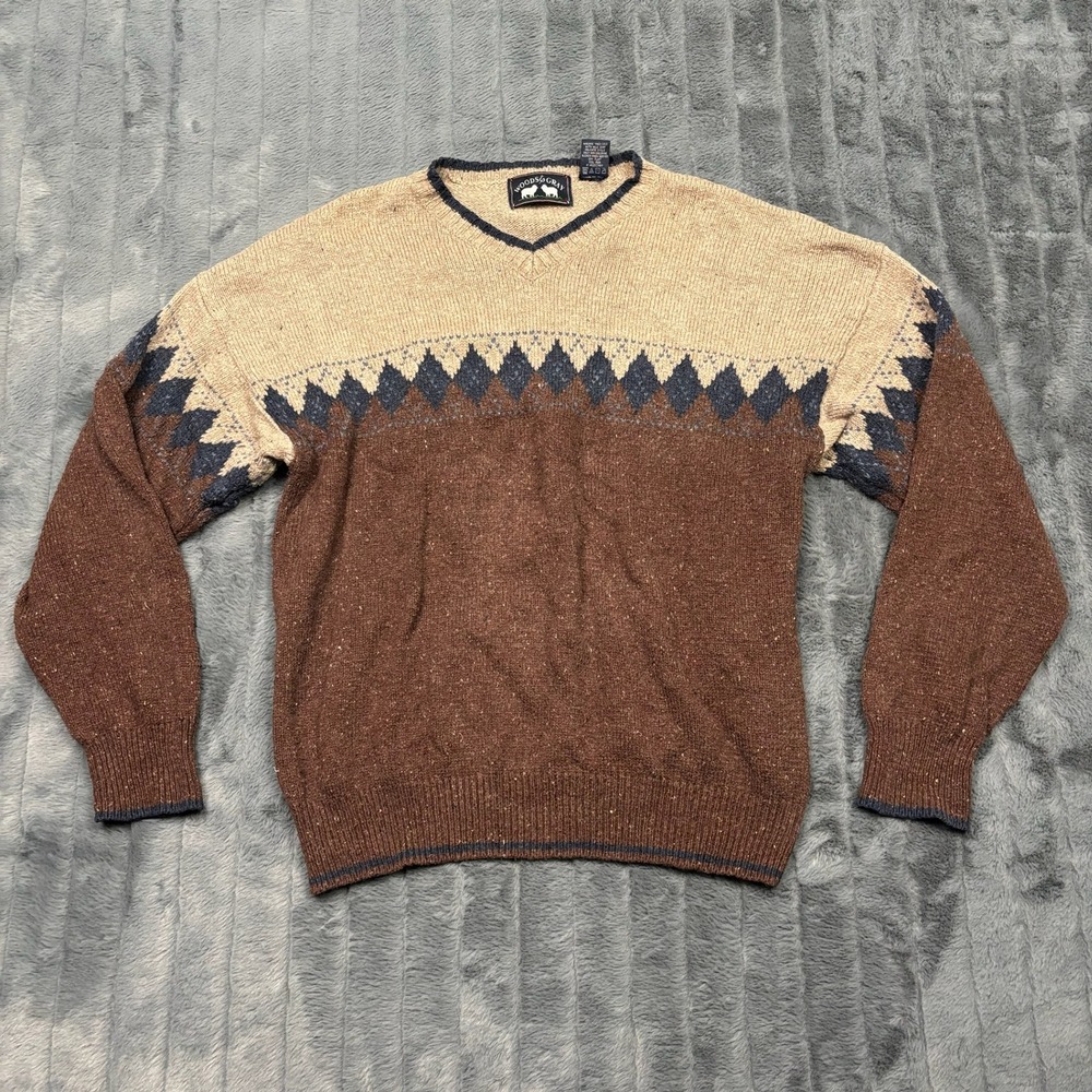 Woods & Gray Mens Silk Wool Blend V-Neck Sweater Brown Argyle Size L Old Money